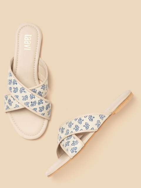 

Taavi Women Off-White & Blue Ajrak Print Open Toe Sustainable Flats