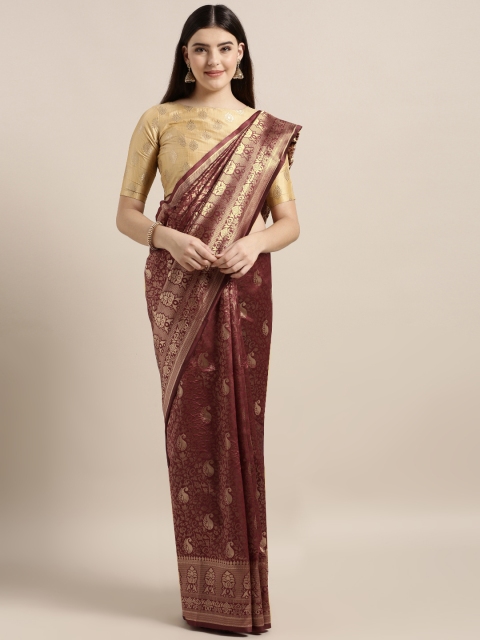 

MOKSHA DESIGNS Maroon & Gold-Toned Pure Silk Woven Design Banarasi Saree