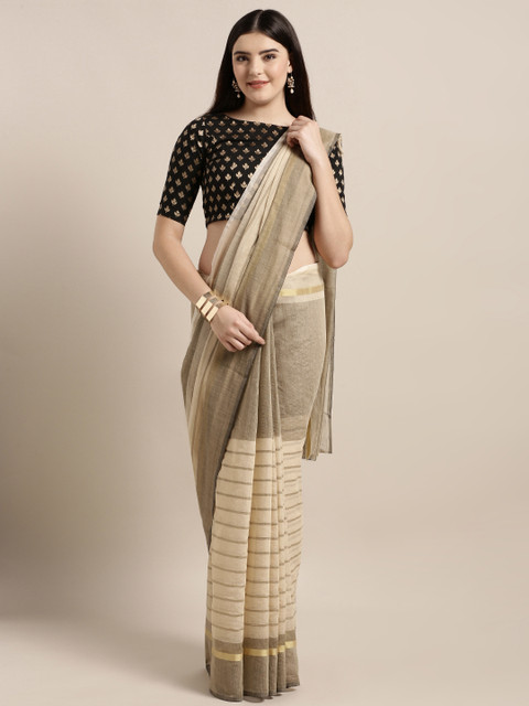 

MOKSHA DESIGNS Cream-Coloured & Black Cotton Blend Solid Chanderi Saree