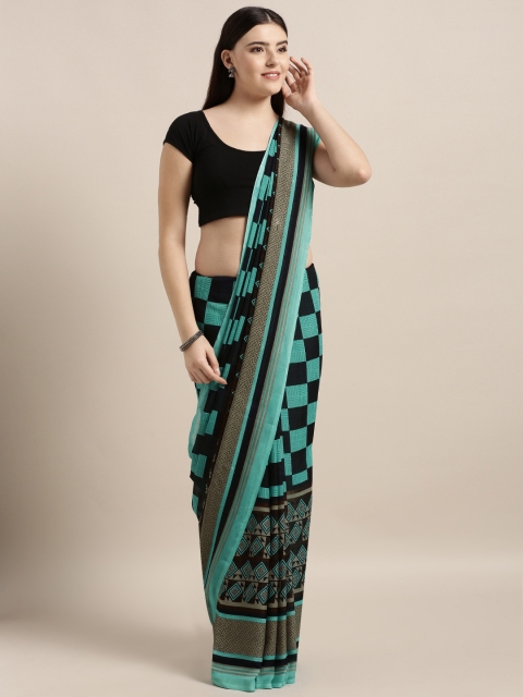 

MOKSHA DESIGNS Navy Blue & Turquoise Blue Poly Crepe Checked Saree