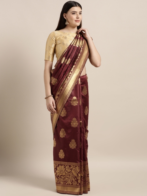 

MOKSHA DESIGNS Burgundy & Gold-Toned Pure Silk Woven Design Banarasi Saree