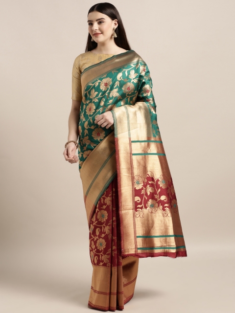 

MOKSHA DESIGNS Teal Green & Red Pure Silk Woven Design Banarasi Saree
