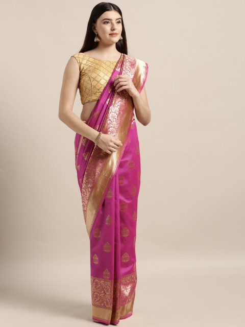 

MOKSHA DESIGNS Pink & Gold-Toned Pure Silk Woven Design Banarasi Saree