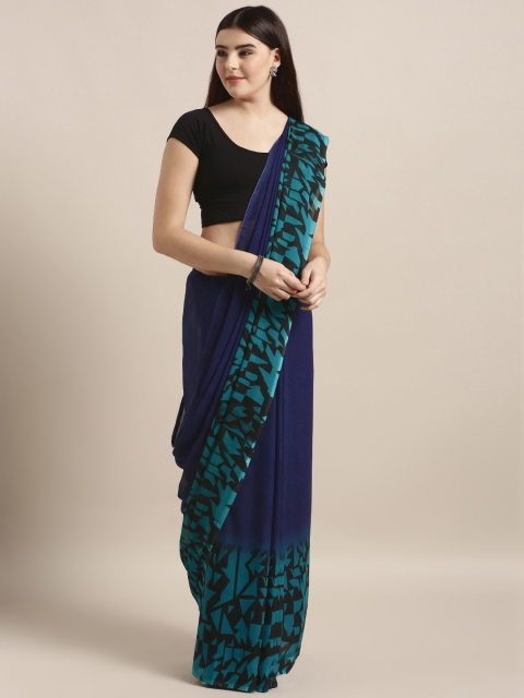 

MOKSHA DESIGNS Navy Blue & Turquoise Blue Poly Crepe Solid Saree