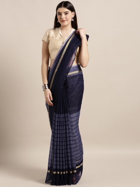 

MOKSHA DESIGNS Navy Blue & Yellow Cotton Blend Solid Chanderi Saree