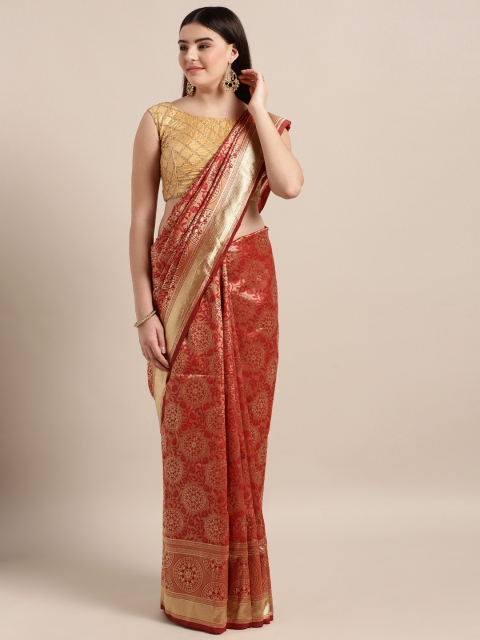 

MOKSHA DESIGNS Red & Gold-Toned Pure Silk Woven Design Banarasi Saree