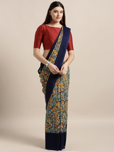 

MOKSHA DESIGNS Navy Blue & Yellow Poly Crepe Printed Saree
