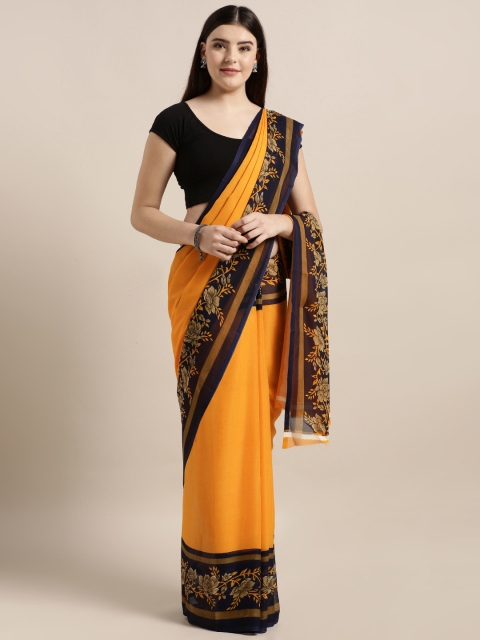 

MOKSHA DESIGNS Orange & Navy Blue Poly Crepe Solid Saree