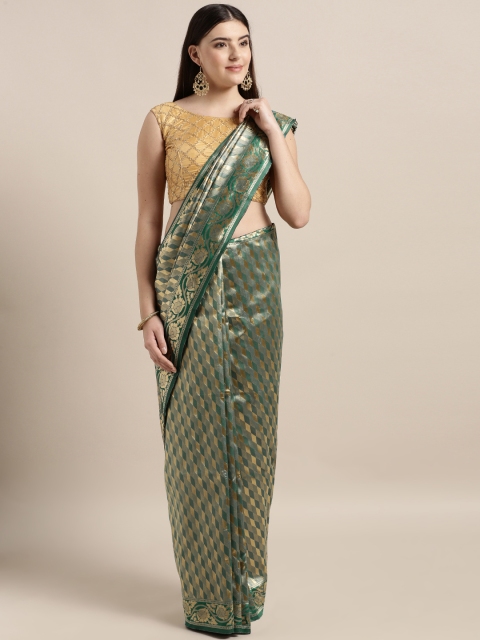 

MOKSHA DESIGNS Teal Green & Gold-Toned Pure Silk Woven Design Banarasi Saree