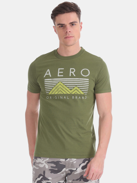 

Aeropostale Men Olive Green Printed Round Neck T-shirt