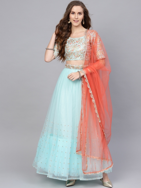 

Inddus Blue & Peach-Coloured Embroidered Semi-Stitched Lehenga & Unstitched Blouse with Dupatta