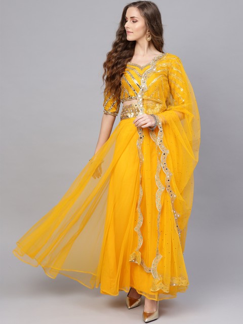 

Inddus Yellow & Golden Embellished Semi-Stitched Lehenga & Unstitched Blouse with Dupatta