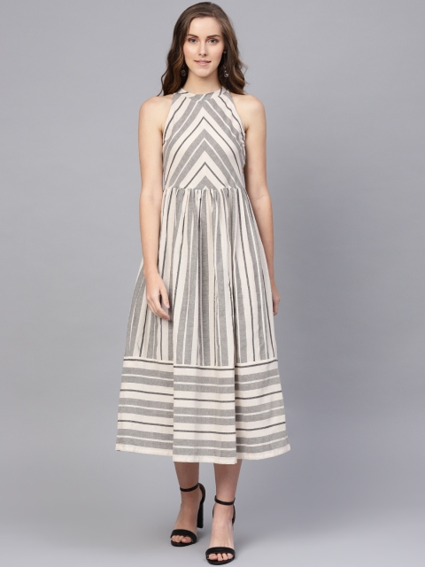 

Inddus Women Off-White & Grey Striped Fit & Flare Dress