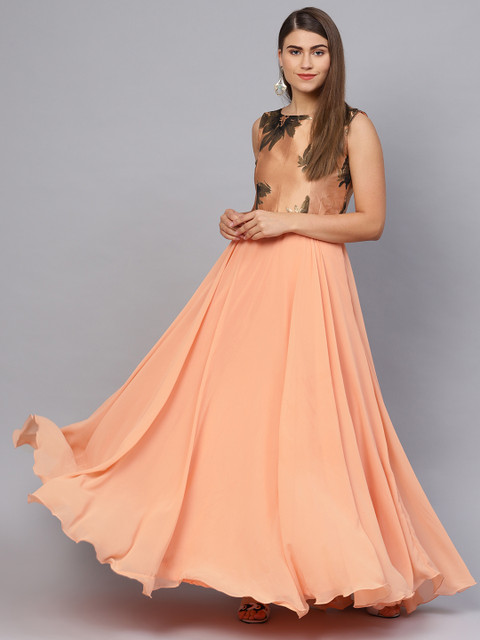 

Inddus Women Peach-Coloured Ethnic Motif Woven Yoke Maxi Dress