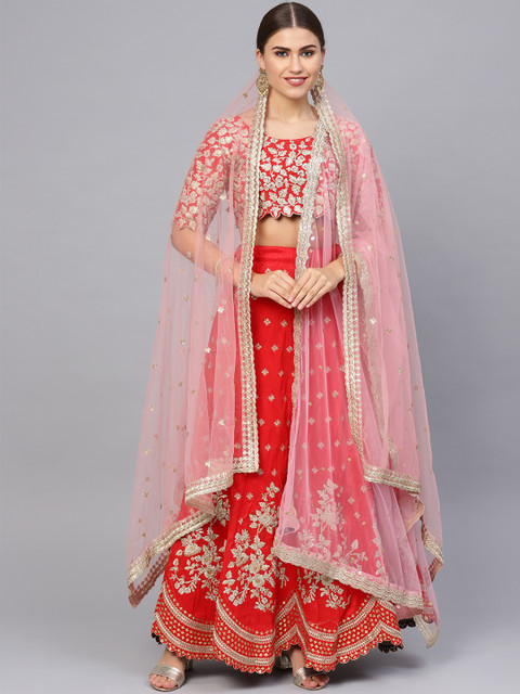 

Inddus Red & Pink Embroidered Semi-Stitched Lehenga & Unstitched Blouse with Two Dupatta