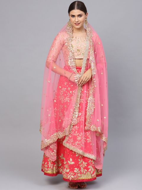 

Inddus Pink & Golden Embroidered Semi-Stitched Lehenga & Unstitched Blouse with Dupatta