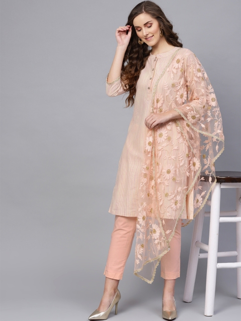 

Inddus Peach-Coloured & Off-White Pure Cotton Unstitched Dress Material