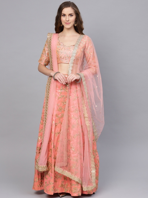 

Inddus Peach-Coloured & Golden Semi-Stitched Lehenga & Unstitched Blouse with Dupatta