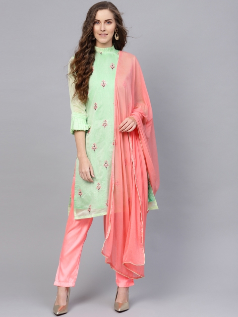 

Inddus Green & Coral Pink Embroidered Unstitched Dress Material