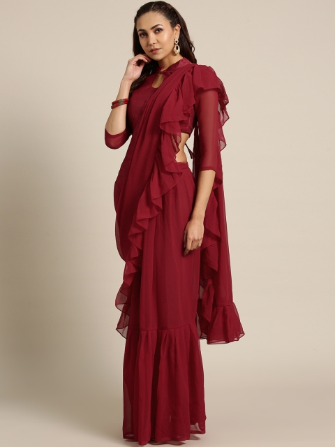 

MANOHARI Maroon Solid Pure Georgette Ruffled Saree