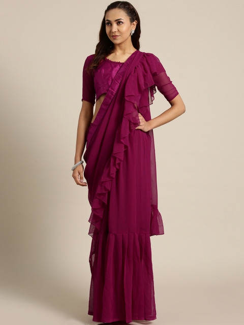 

MANOHARI Magenta Solid Pure Georgette Ruffled Saree