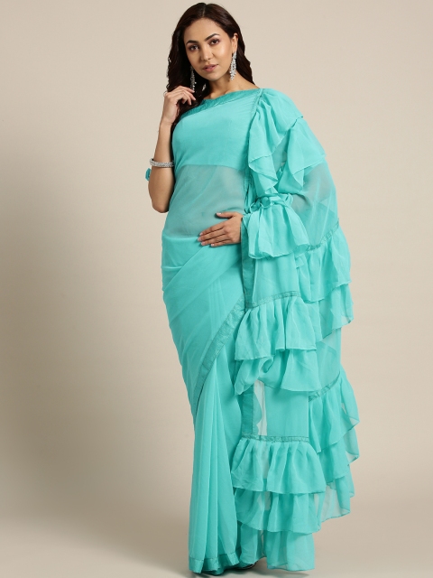 

MANOHARI Blue Solid Georgette Ruffled Saree