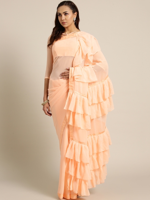 

MANOHARI Peach-Coloured Solid Ruffle Saree