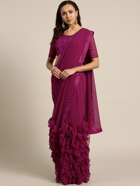 

MANOHARI Purple Solid Pure Georgette Ruffled Saree