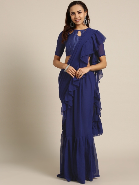

MANOHARI Navy Blue Solid Pure Georgette Ruffled Saree