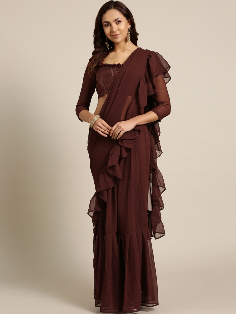 

MANOHARI Brown Solid Pure Georgette Ruffled Saree