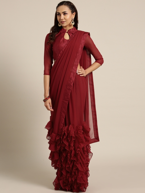 

MANOHARI Maroon Solid Pure Georgette Ruffled Saree