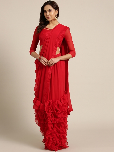 

MANOHARI Red Solid Georgette Ruffled Saree