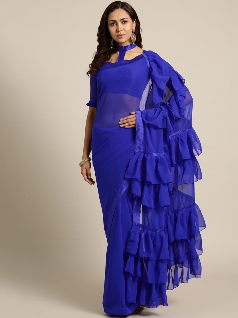 

MANOHARI Blue Solid Georgette Ruffled Saree