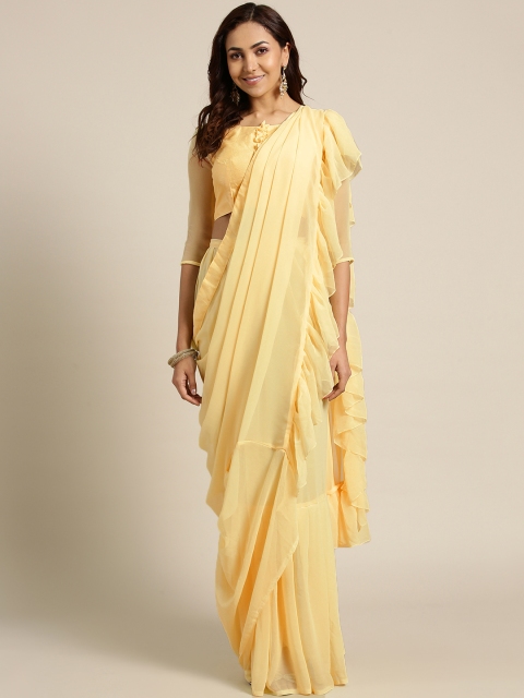 

MANOHARI Yellow Solid Georgette Ruffled Saree