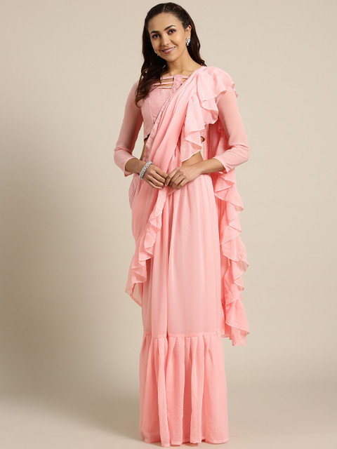 

MANOHARI Pink Solid Pure Georgette Ruffled Saree
