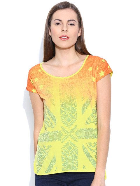 

Flying Machine Yellow Printed Pure Cotton T-shirt