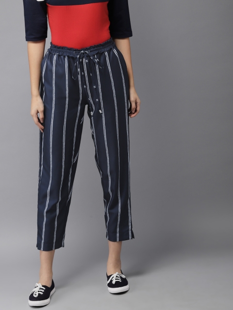 

HERE&NOW Women Blue Skinny Fit Striped Regular Trousers