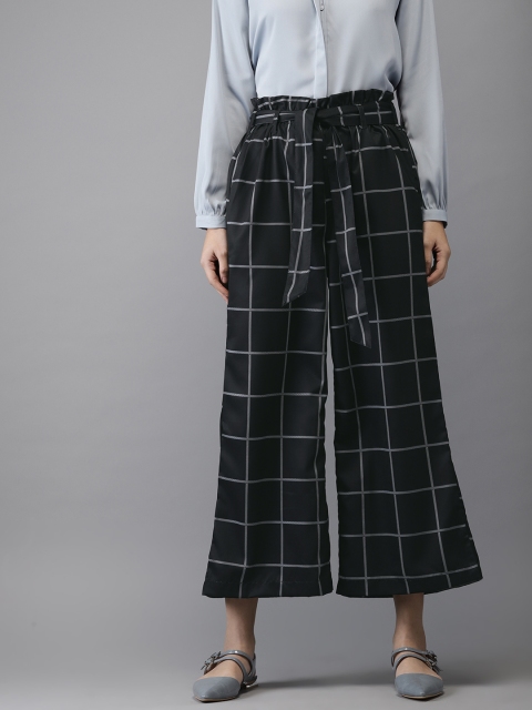 

HERE&NOW Women Black & White Checked Cropped Bootcut Trousers