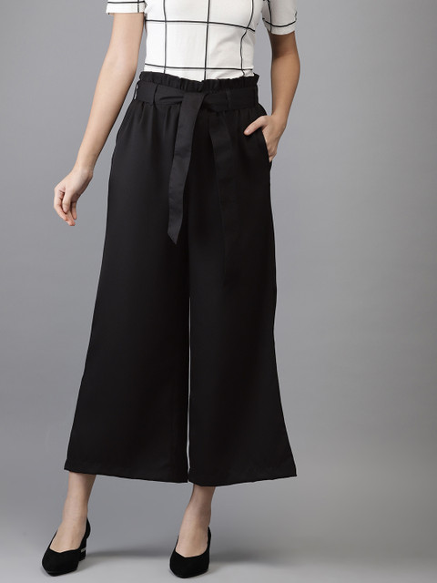 

HERE&NOW Women Black Solid Cropped Bootcut Trousers