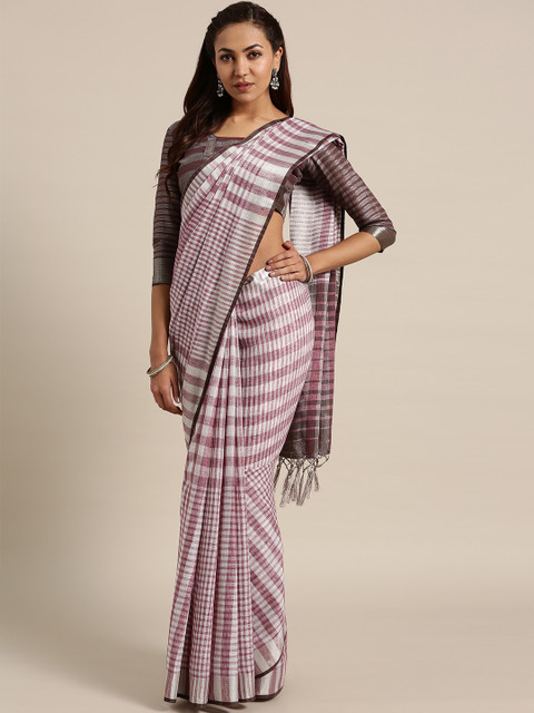 

Saree mall Off-White & Mauve Checked Saree