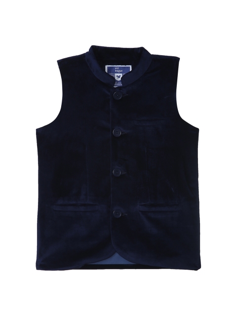 

612 league Boys Navy Blue Solid Nehru Jacket with Velvet Finish
