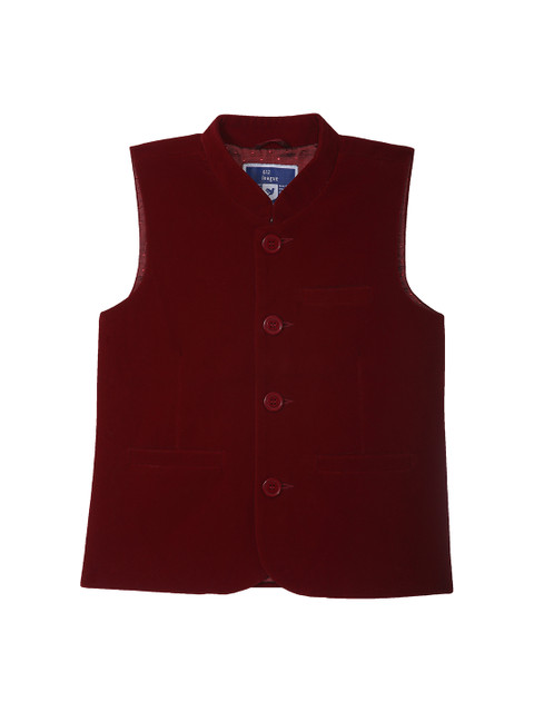 

612 league Boys Burgundy Solid Nehru Jacket with Velvet Finish