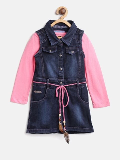 

612 league Girls Navy Blue & Pink Washed Denim Shirt Dress with T-shirt
