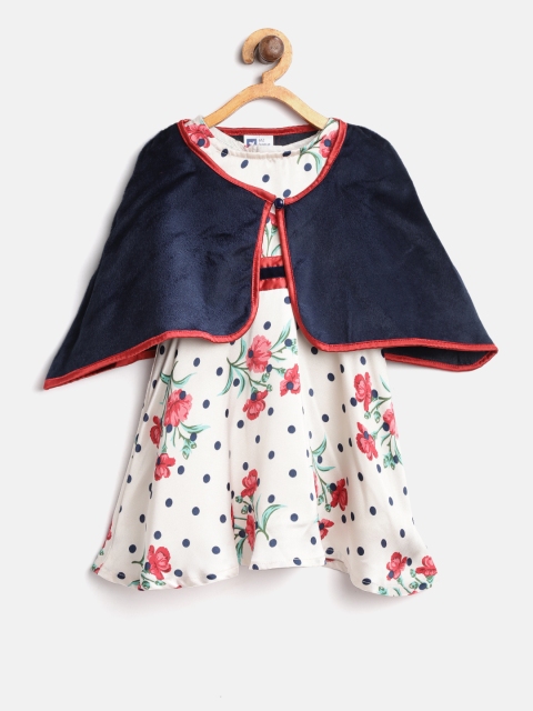 

612 league Girls White & Red Printed Fit & Flare Dress with Shrug