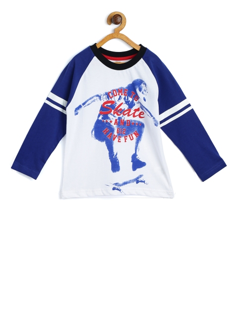 

612 league Boys White & Blue Printed Round Neck T-shirt