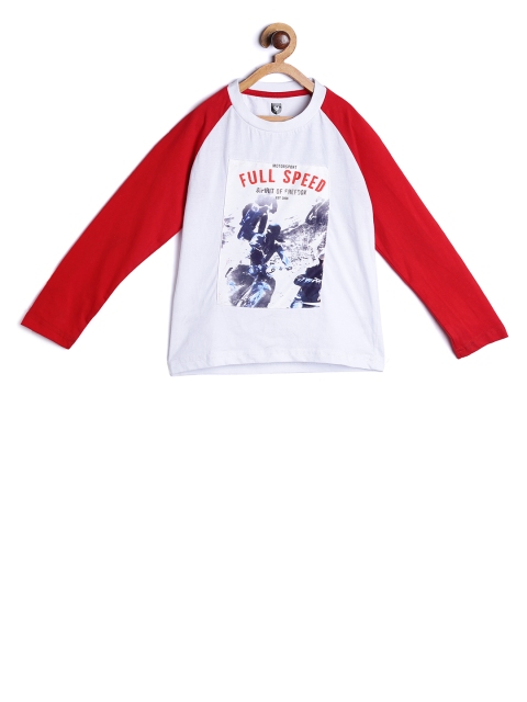 

612 league Boys White Red Printed Round Neck Pure Cotton T-shirt