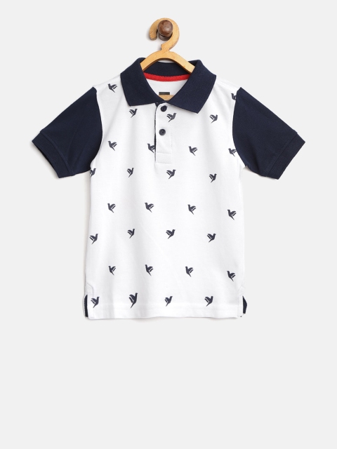 

612 league Boys White Navy Blue Printed Polo Collar Pure Cotton T-shirt