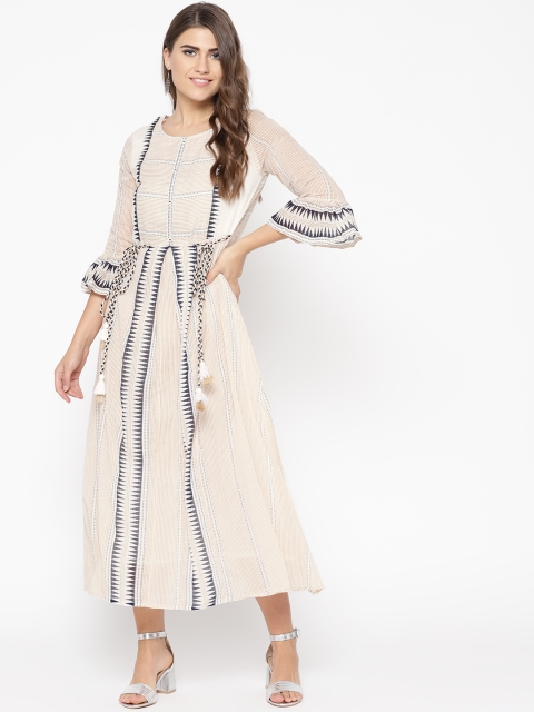 

Sringam Women Off-White & Beige Striped A-Line Dress