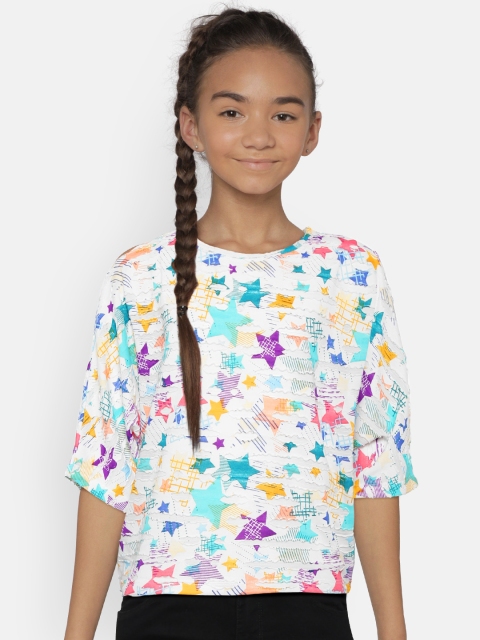 

Natilene Girls White & Blue Printed Boxy Top