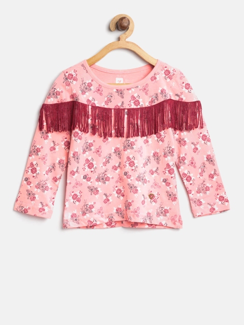 

612 league Girls Peach-Coloured & White Floral Print Pure Cotton Top with Fringed Detail